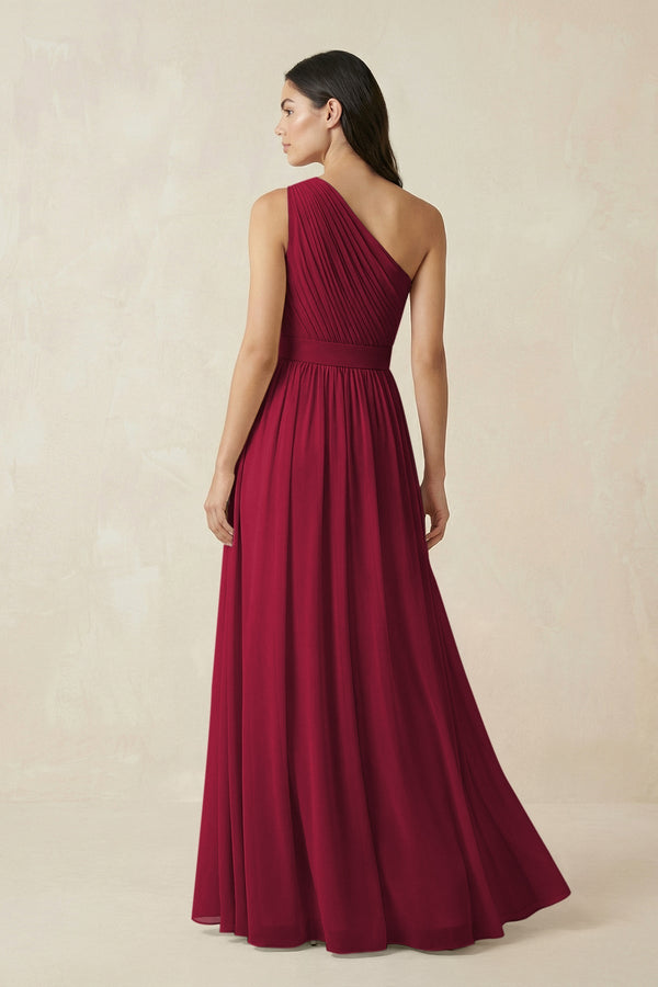 One - Shoulder Pleated Chiffon Bridesmaid Gown in Berry - KISS BRIDAL Bridesmaid Dresses