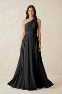 One - Shoulder Pleated Chiffon Bridesmaid Gown in Black - KISS BRIDAL Bridesmaid Dresses