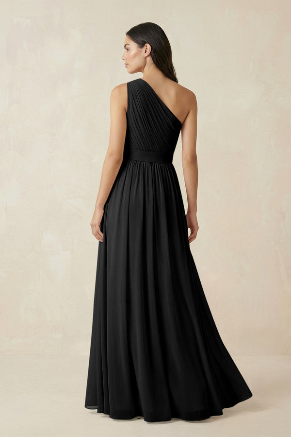 One - Shoulder Pleated Chiffon Bridesmaid Gown in Black - KISS BRIDAL Bridesmaid Dresses