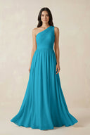 One - Shoulder Pleated Chiffon Bridesmaid Gown in Blue Jay - KISS BRIDAL Bridesmaid Dresses