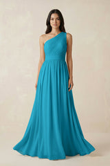 One - Shoulder Pleated Chiffon Bridesmaid Gown in Blue Jay - KISS BRIDAL Bridesmaid Dresses