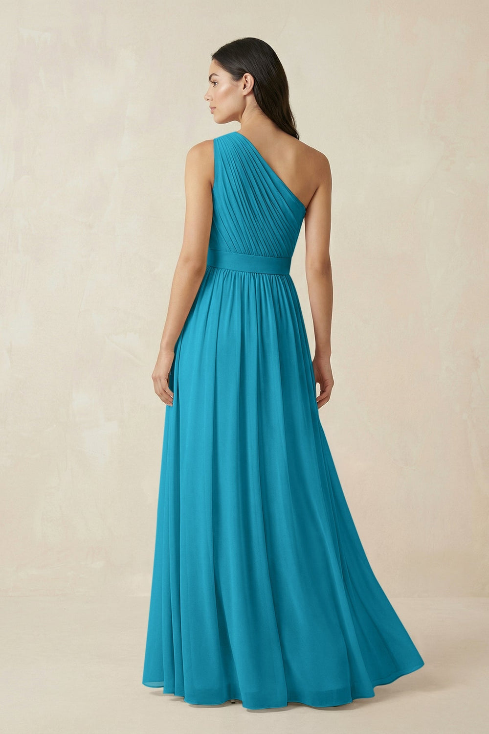 One - Shoulder Pleated Chiffon Bridesmaid Gown in Blue Jay - KISS BRIDAL Bridesmaid Dresses