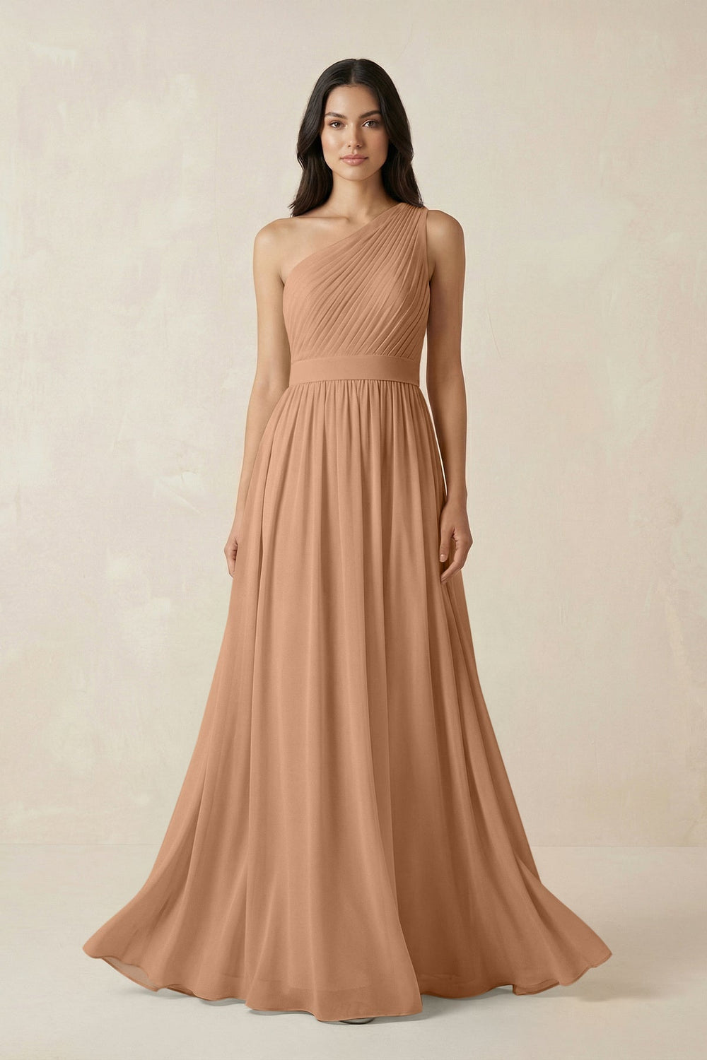 One - Shoulder Pleated Chiffon Bridesmaid Gown in Bronzer - KISS BRIDAL Bridesmaid Dresses
