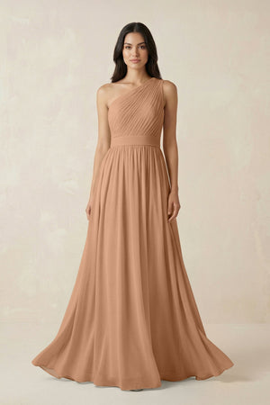 One - Shoulder Pleated Chiffon Bridesmaid Gown in Bronzer - KISS BRIDAL Bridesmaid Dresses