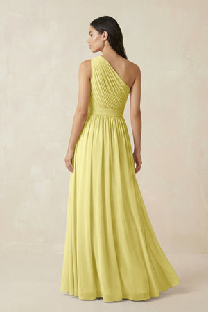 One - Shoulder Pleated Chiffon Bridesmaid Gown in Buttercup - KISS BRIDAL Bridesmaid Dresses