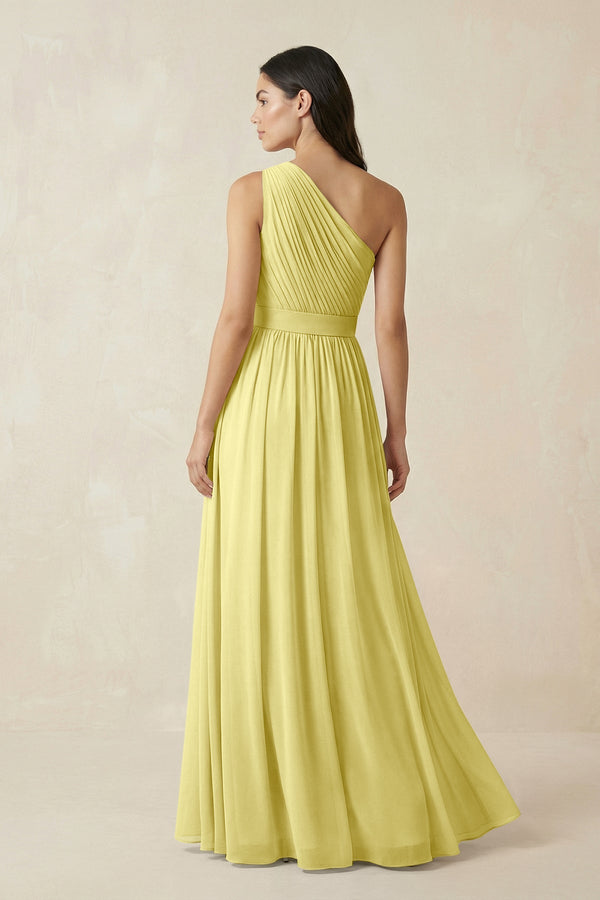 One - Shoulder Pleated Chiffon Bridesmaid Gown in Buttercup - KISS BRIDAL Bridesmaid Dresses