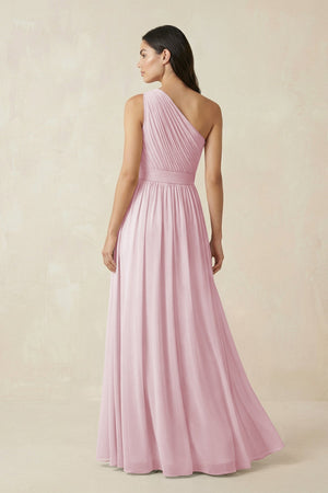One - Shoulder Pleated Chiffon Bridesmaid Gown in Candy Pink - KISS BRIDAL Bridesmaid Dresses