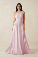 One - Shoulder Pleated Chiffon Bridesmaid Gown in Candy Pink - KISS BRIDAL Bridesmaid Dresses