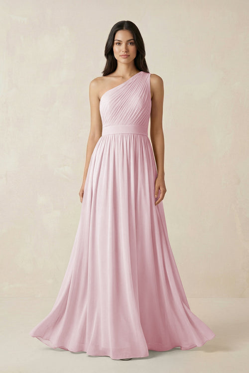 One - Shoulder Pleated Chiffon Bridesmaid Gown in Candy Pink - KISS BRIDAL Bridesmaid Dresses