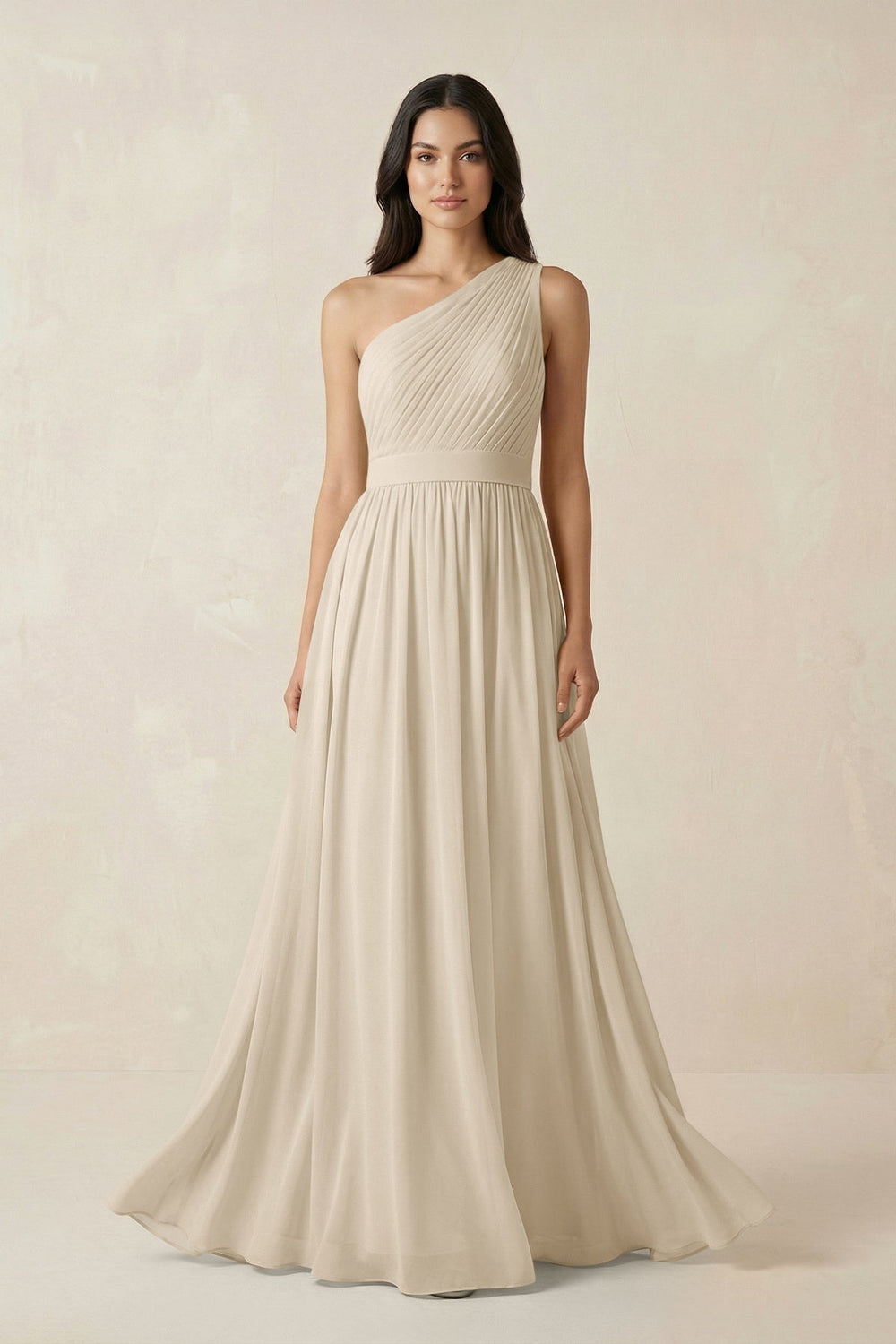 One - Shoulder Pleated Chiffon Bridesmaid Gown in Champagne - KISS BRIDAL Bridesmaid Dresses