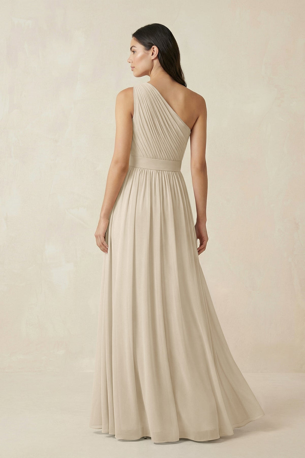 One - Shoulder Pleated Chiffon Bridesmaid Gown in Champagne - KISS BRIDAL Bridesmaid Dresses