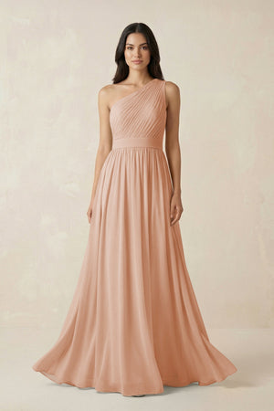 One - Shoulder Pleated Chiffon Bridesmaid Gown in Champagne Rose - KISS BRIDAL Bridesmaid Dresses