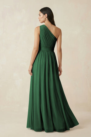 One - Shoulder Pleated Chiffon Bridesmaid Gown in Dark Green - KISS BRIDAL Bridesmaid Dresses