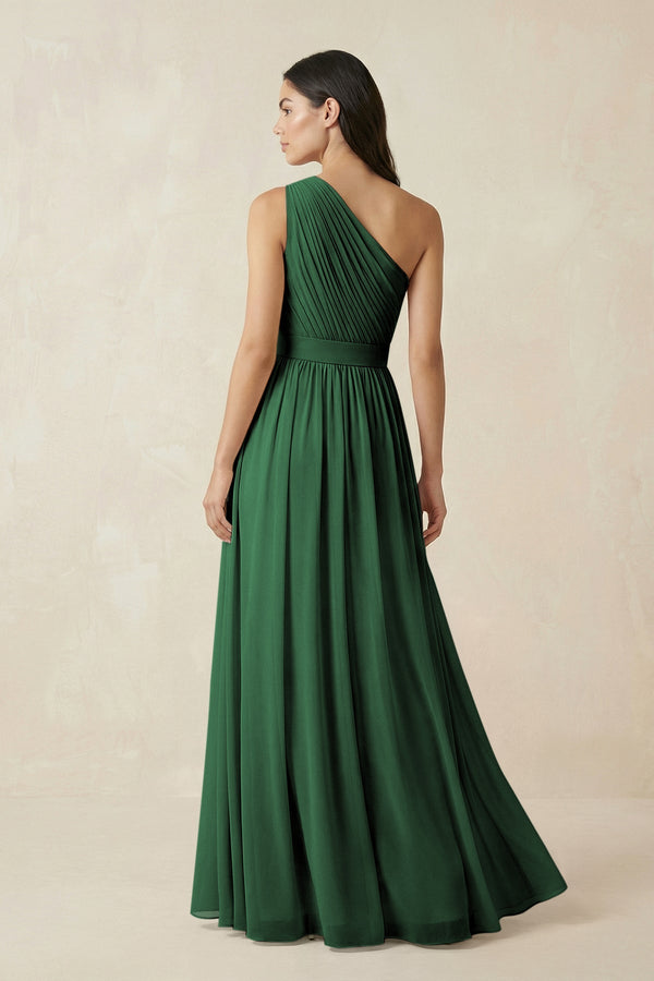 One - Shoulder Pleated Chiffon Bridesmaid Gown in Dark Green - KISS BRIDAL Bridesmaid Dresses