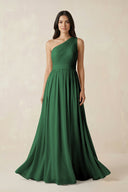 One - Shoulder Pleated Chiffon Bridesmaid Gown in Dark Green - KISS BRIDAL Bridesmaid Dresses