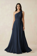 One - Shoulder Pleated Chiffon Bridesmaid Gown in Dark Navy - KISS BRIDAL Bridesmaid Dresses