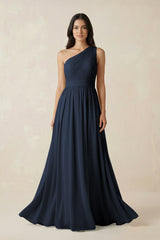 One - Shoulder Pleated Chiffon Bridesmaid Gown in Dark Navy - KISS BRIDAL Bridesmaid Dresses
