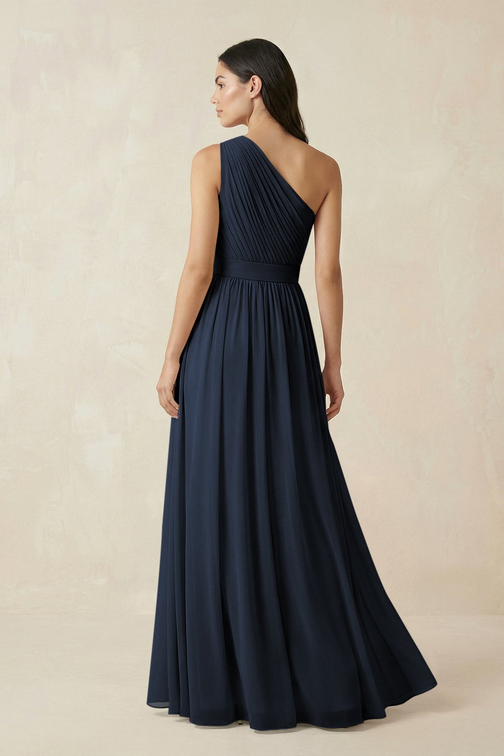 One - Shoulder Pleated Chiffon Bridesmaid Gown in Dark Navy - KISS BRIDAL Bridesmaid Dresses