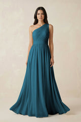 One - Shoulder Pleated Chiffon Bridesmaid Gown in Dark Teal - KISS BRIDAL Bridesmaid Dresses