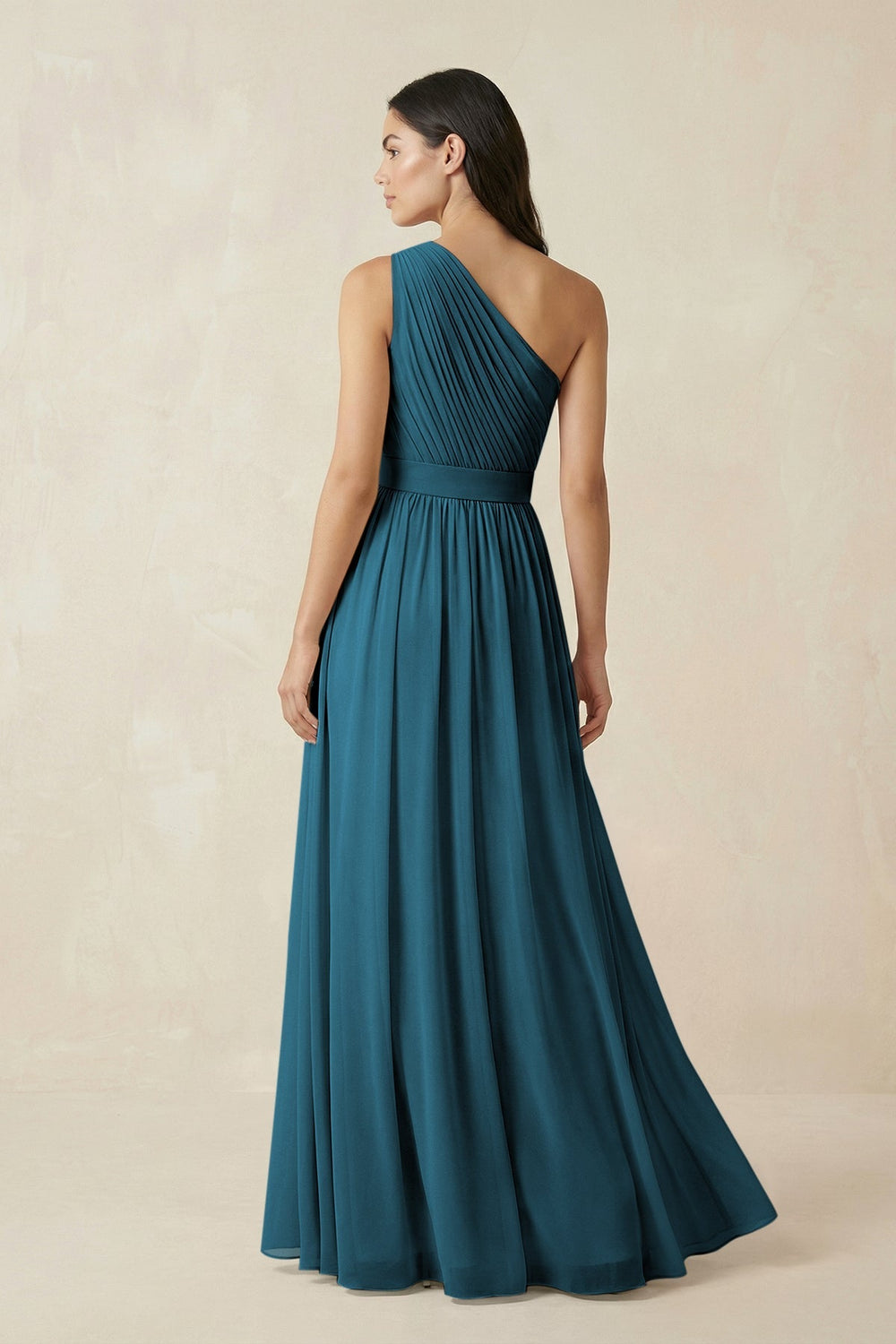 One - Shoulder Pleated Chiffon Bridesmaid Gown in Dark Teal - KISS BRIDAL Bridesmaid Dresses