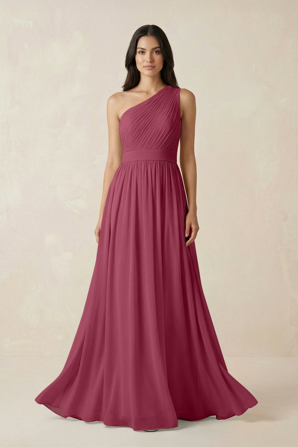 One - Shoulder Pleated Chiffon Bridesmaid Gown in Desert Rose - KISS BRIDAL Bridesmaid Dresses
