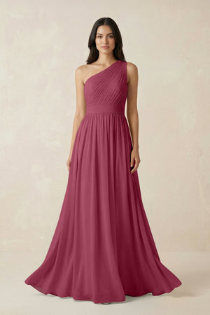 One - Shoulder Pleated Chiffon Bridesmaid Gown in Desert Rose - KISS BRIDAL Bridesmaid Dresses