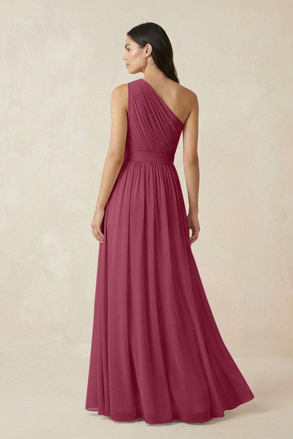 One - Shoulder Pleated Chiffon Bridesmaid Gown in Desert Rose - KISS BRIDAL Bridesmaid Dresses