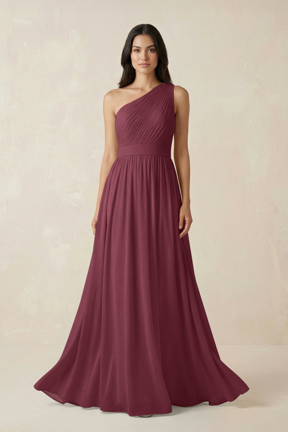 One-Shoulder Pleated Chiffon Bridesmaid Gown in Desert Rose