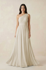 One - Shoulder Pleated Chiffon Bridesmaid Gown in Dove Gray - KISS BRIDAL Bridesmaid Dresses