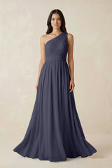 One - Shoulder Pleated Chiffon Bridesmaid Gown in Dusk Blue - KISS BRIDAL Bridesmaid Dresses