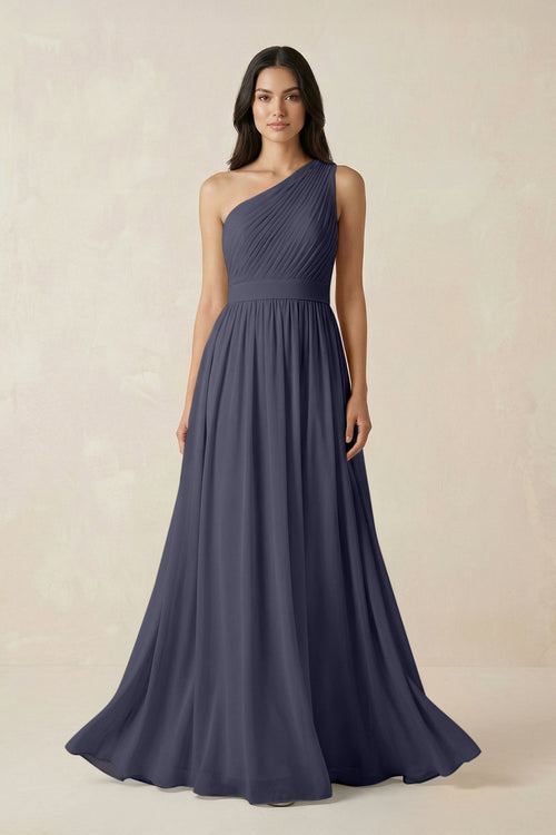 One - Shoulder Pleated Chiffon Bridesmaid Gown in Dusk Blue - KISS BRIDAL Bridesmaid Dresses