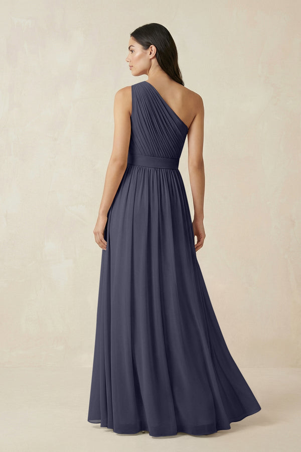 One - Shoulder Pleated Chiffon Bridesmaid Gown in Dusk Blue - KISS BRIDAL Bridesmaid Dresses