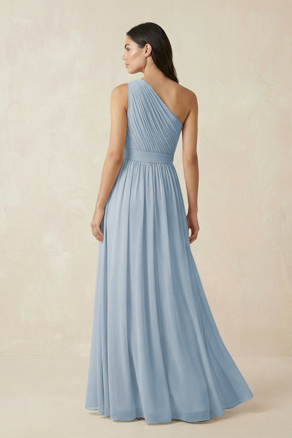 One - Shoulder Pleated Chiffon Bridesmaid Gown in Dusty Blue - KISS BRIDAL Bridesmaid Dresses