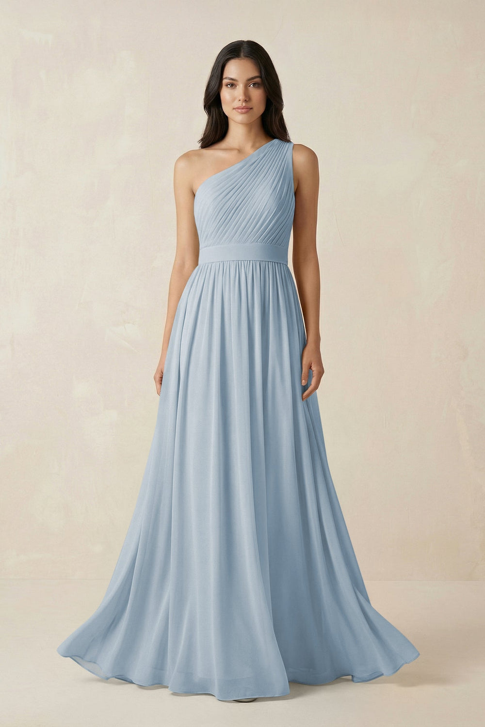 One - Shoulder Pleated Chiffon Bridesmaid Gown in Dusty Blue - KISS BRIDAL Bridesmaid Dresses