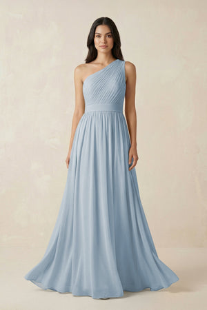 One - Shoulder Pleated Chiffon Bridesmaid Gown in Dusty Blue - SHE IS ME Bridesmaid Dresses