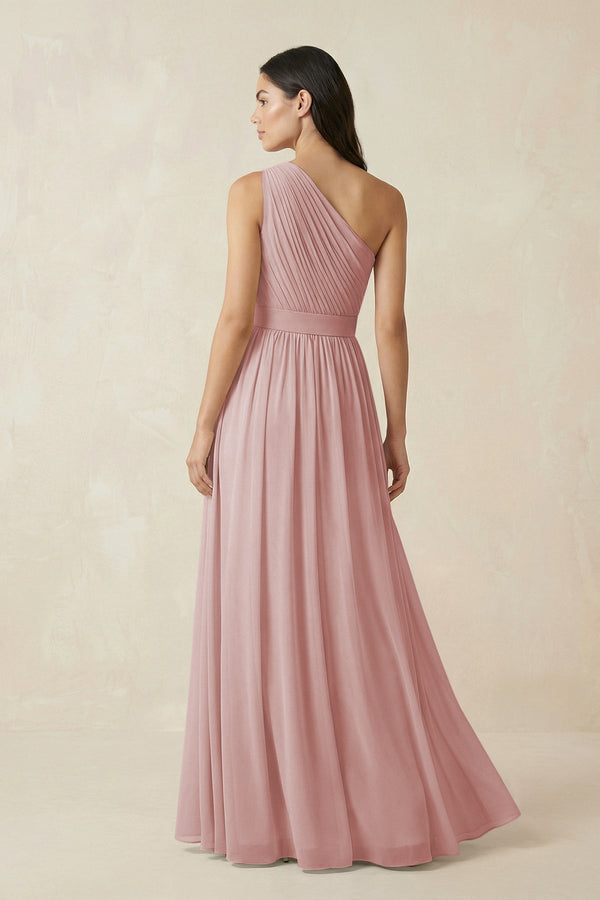 One - Shoulder Pleated Chiffon Bridesmaid Gown in Dusty Rose - KISS BRIDAL Bridesmaid Dresses