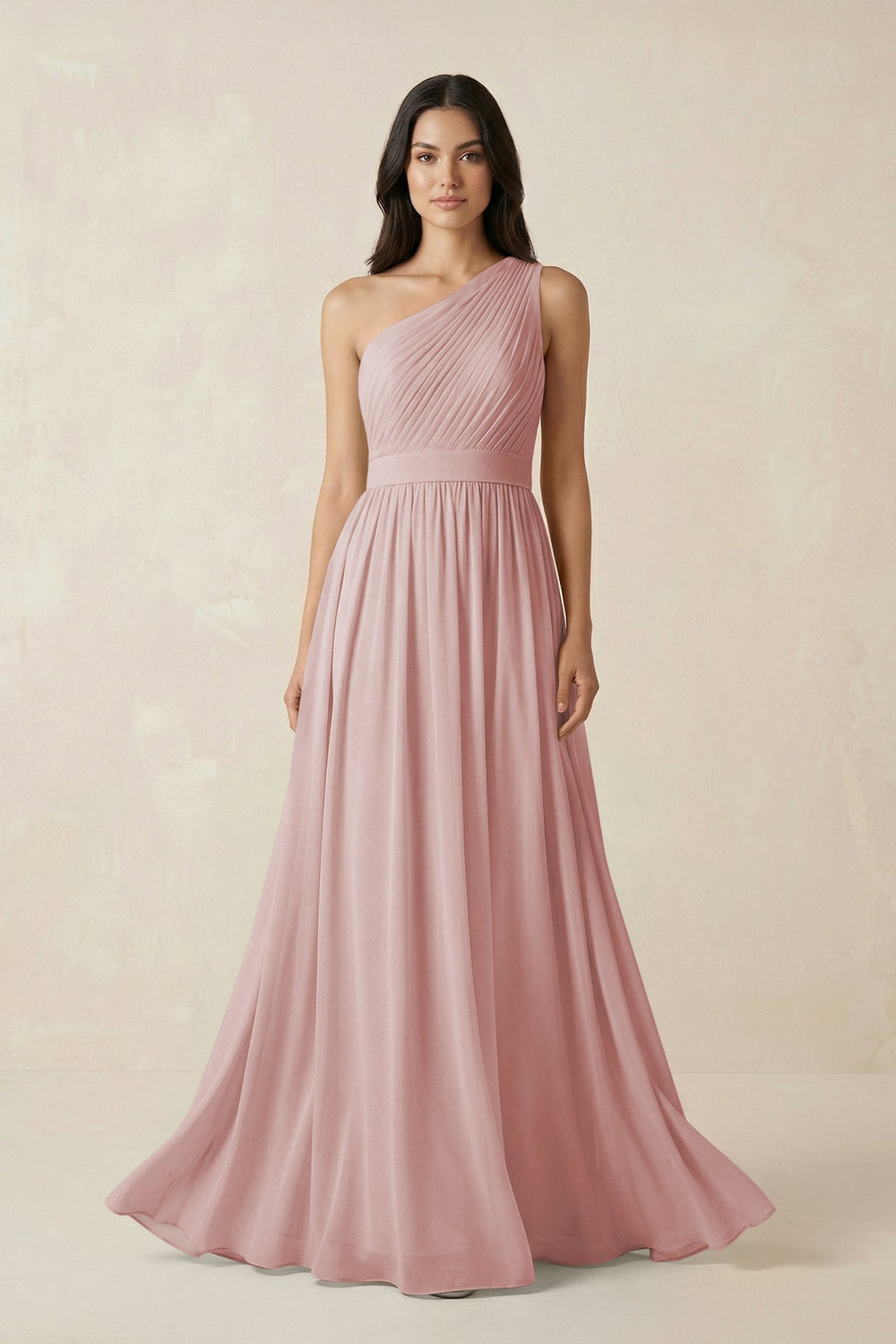 One - Shoulder Pleated Chiffon Bridesmaid Gown in Dusty Rose - KISS BRIDAL Bridesmaid Dresses