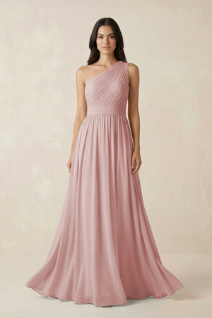 One - Shoulder Pleated Chiffon Bridesmaid Gown in Dusty Rose - KISS BRIDAL Bridesmaid Dresses