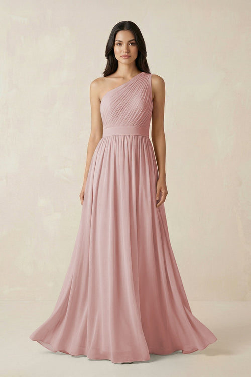 One - Shoulder Pleated Chiffon Bridesmaid Gown in Dusty Rose - KISS BRIDAL Bridesmaid Dresses