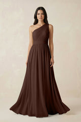 One - Shoulder Pleated Chiffon Bridesmaid Gown in Espresso - KISS BRIDAL Bridesmaid Dresses