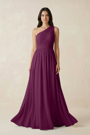 One - Shoulder Pleated Chiffon Bridesmaid Gown in Fig - KISS BRIDAL Bridesmaid Dresses