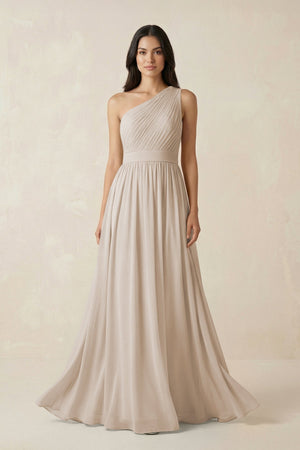 One - Shoulder Pleated Chiffon Bridesmaid Gown in Frost - KISS BRIDAL Bridesmaid Dresses