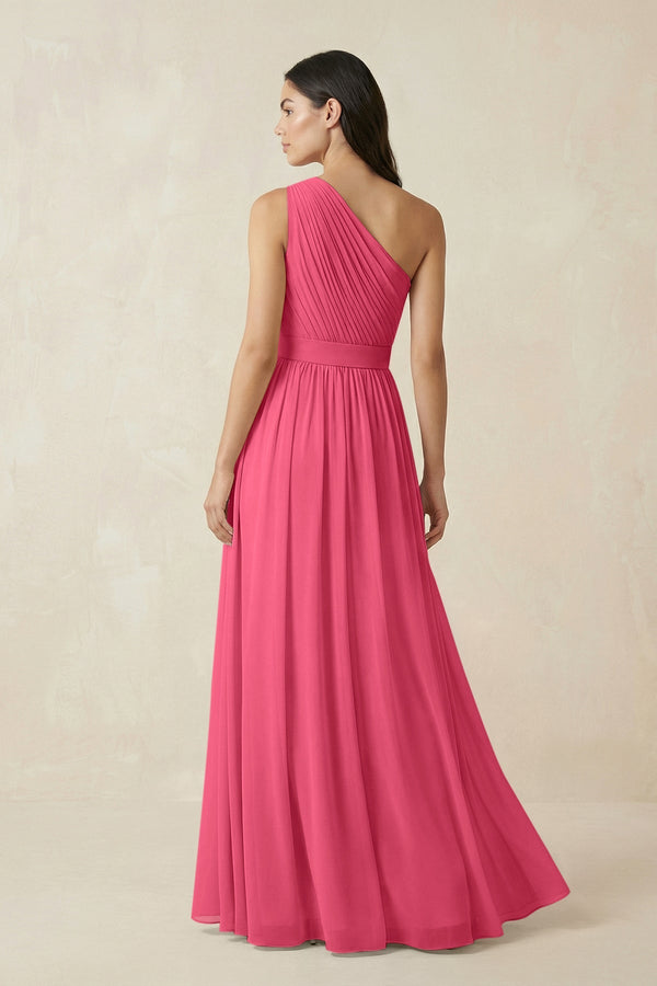 One - Shoulder Pleated Chiffon Bridesmaid Gown in Fuchsia - KISS BRIDAL Bridesmaid Dresses