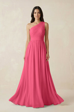 One - Shoulder Pleated Chiffon Bridesmaid Gown in Fuchsia - KISS BRIDAL Bridesmaid Dresses