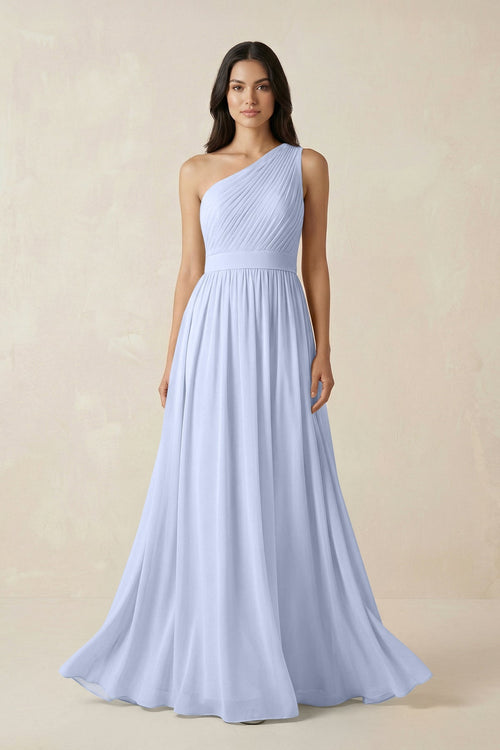 One - Shoulder Pleated Chiffon Bridesmaid Gown in Ice - SHE IS ME Bridesmaid Dresses
