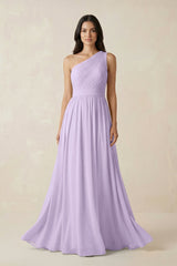 One - Shoulder Pleated Chiffon Bridesmaid Gown in Lavender - KISS BRIDAL Bridesmaid Dresses