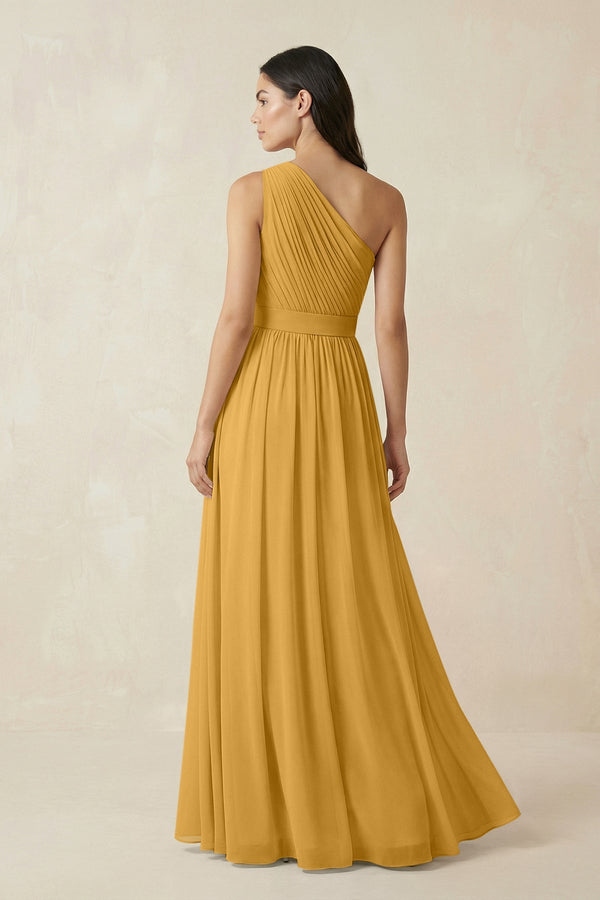 One - Shoulder Pleated Chiffon Bridesmaid Gown in Marigold - KISS BRIDAL Bridesmaid Dresses