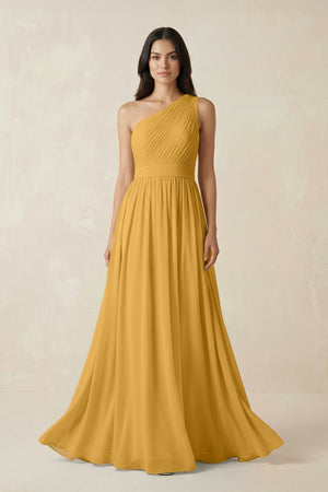 One - Shoulder Pleated Chiffon Bridesmaid Gown in Marigold - KISS BRIDAL Bridesmaid Dresses