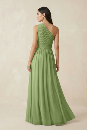 One - Shoulder Pleated Chiffon Bridesmaid Gown in Matcha - KISS BRIDAL Bridesmaid Dresses