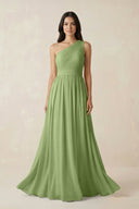 One - Shoulder Pleated Chiffon Bridesmaid Gown in Matcha - KISS BRIDAL Bridesmaid Dresses